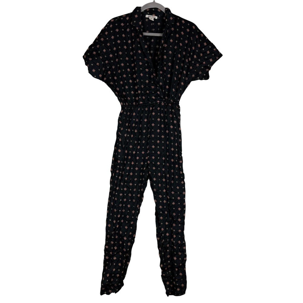 Billabong Jumpsuit Womens XS Black Geometric Collared Short Sleeve Elastic Waist